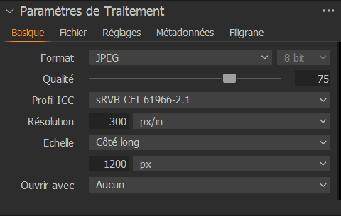 Onglet 'Basique' - Paramétrage des sorties - Capture One