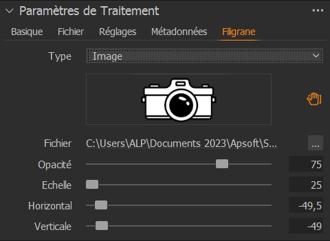 Onglet 'Filigrane' - Paramétrage des sorties - Capture One