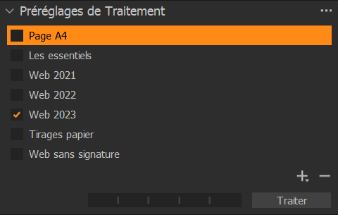 Liste des préréglages de sortie (Capture One)