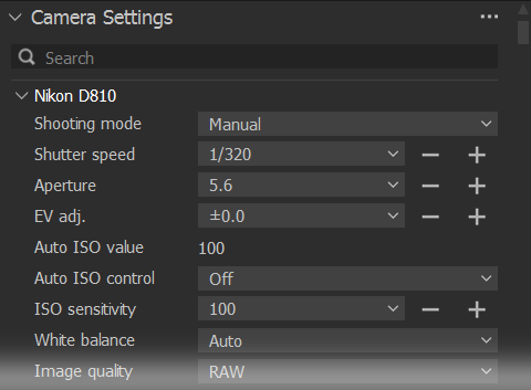 Camera settings (tethered mode)